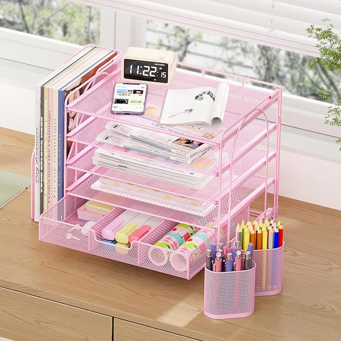 Desk Organizers and Accessories, 5-Tier Paper File Organizer with Drawer & Pen Holder, Office Desk Accessories Workspace Desktop Organizer for Office Supplies((Pink)-DeskLoop Office