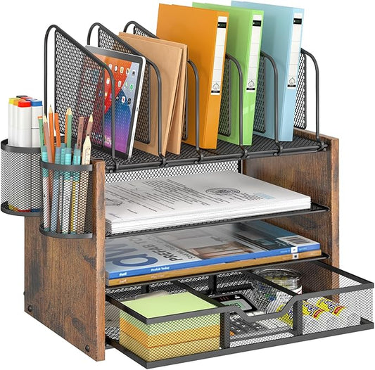4-Tier Mesh Desk Organizer, Wooden Desk File Organizer with 5 Vertical File Holders and 2 Pen Holders, Desktop Organizers and Accessories with Drawer for Home Office-DeskLoop Office