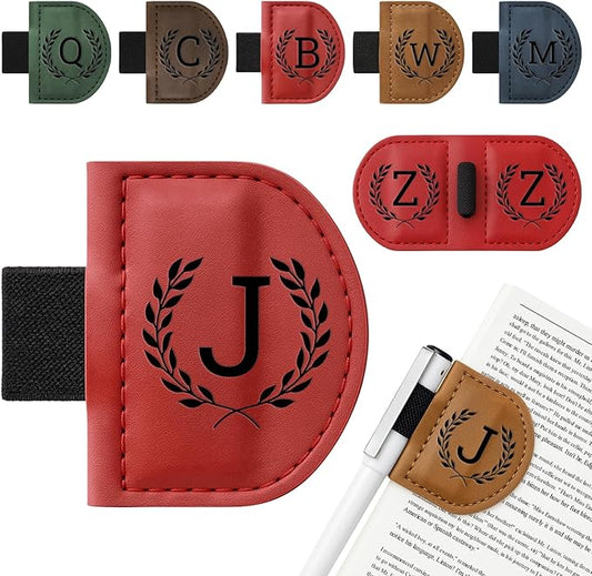 Personalized Bygone Mark Bookmark with Pen Holder,Engraving Leather Magnetic Bookmarks Vintage 26 Letters Name Initials Text Book Marker Clips Gifts for Reading Book Lovers Women (Red, J)-DeskLoop Office