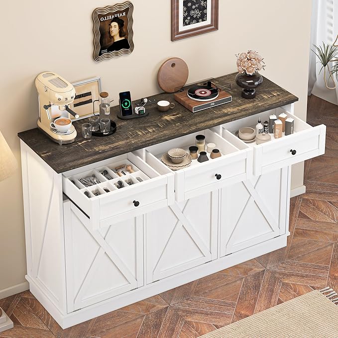 Farmhouse Tilt Out Trash Cabinet, Triple 13 Gallon Wooden Kitchen Trash Can Cabinet with Hideaway Drawer, Freestanding Garbage Recycling Cabinets, Pet Proof, Power Outlets, 59 Inch, White-DeskLoop Office