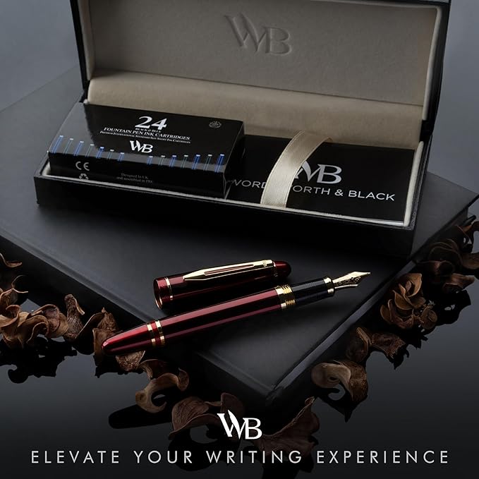 Wordsworth & Black Majesti Fountain Pen-(Red), Luxury Case, 24K Gold Finish; 18K Gilded Extra Fine Nib- Ink Cartridges, Refillable Ink Converter-Calligraphy Pen-Best Business Gift Set for Men & Women-DeskLoop Office