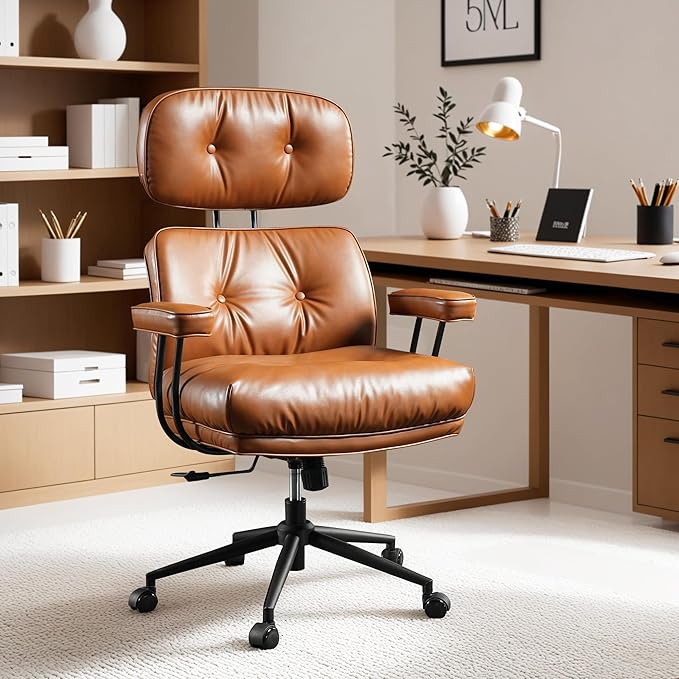 ovios Ergonomic Home Office Chair, Mid-Century Modern Faux Leather Chairs with Thickened Cushions, Comfy High Back Swivel Rolling Executive Computer Armchair (Brown, PU Leather)-DeskLoop Office