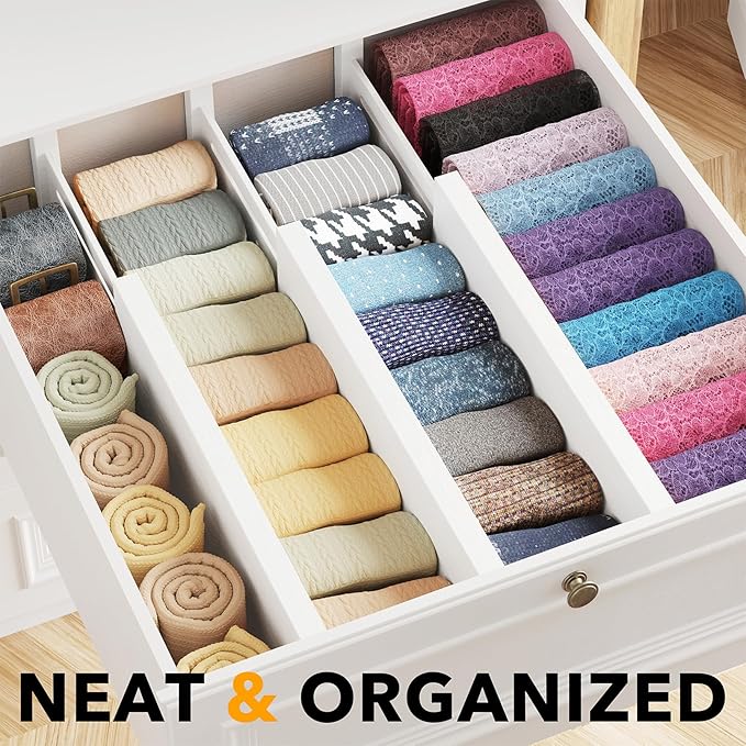 SpaceAid Bamboo Dresser Drawer Dividers 6 Pack, 4.65“ High Adjustable 12.5“-17” Drawer Organizers, Expandable Organization for Clothing, Clothes, Dressers, White-DeskLoop Office