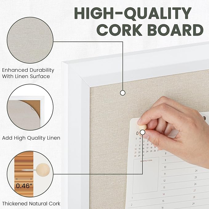 Bulletin Board Cork Board with Linen, 100% Wood Framed 24" x 36" Bulletin Board Decorations, Pin Boards for Walls, Wall Mounted Fabric Picture Board with 10 Pushpins for School, Home & Office, White-DeskLoop Office