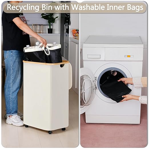 efluky Recycle Bins for Kitchen 100L (26 Gallon), Recycling Bin with Wheels and 2 Removeable and Reusable Inner Bags, Kitchen Recycling bin with lid for Bottle Can Plastice Stickers, Beige-DeskLoop Office