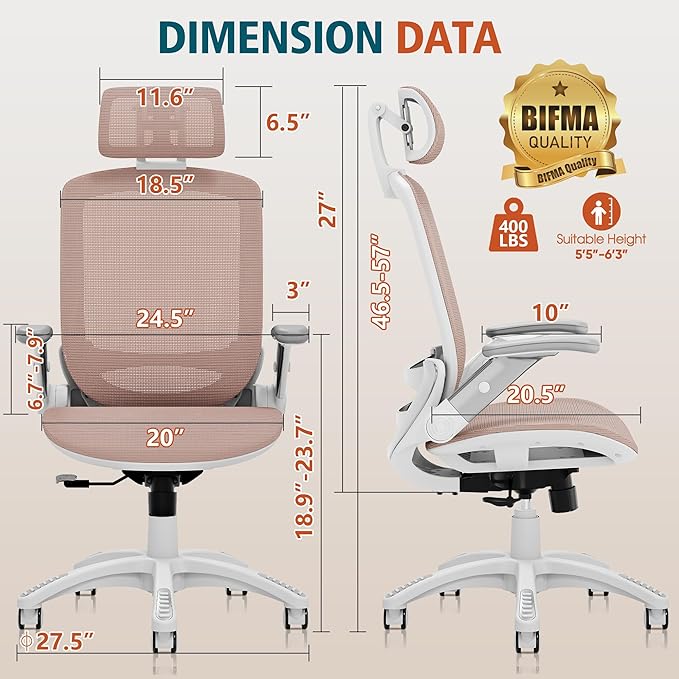 GABRYLLY Ergonomic Office Chair, High Back Home Desk Chair with Headrest, Flip-Up Arms, 90-120° Tilt Lock and Wide Cushion, 400LBS Mesh Chairs for Man Woman, White Task Chair(Pink,GY01WPK)-DeskLoop Office