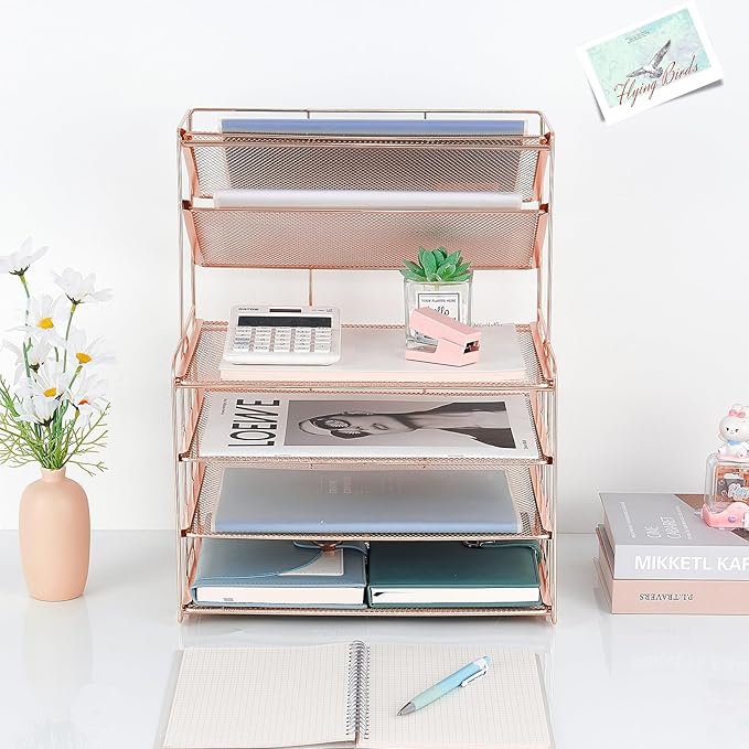 Desk Organizers and Accessories, 6-Tier Letter Tray Paper Organizer, Desktop File Organizer, Office Desk Accessories for Office Supplies (Rose Gold)-DeskLoop Office