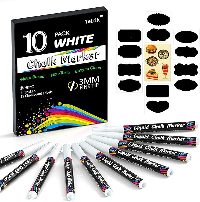White Liquid Chalk Markers Set, Pack of 10 White Chalkboard Paint Pens with 12 Chalkboard Labels, 5 Stickers, Perfect for Chalkboards, Bistro Boards, Glass and Metal-DeskLoop Office