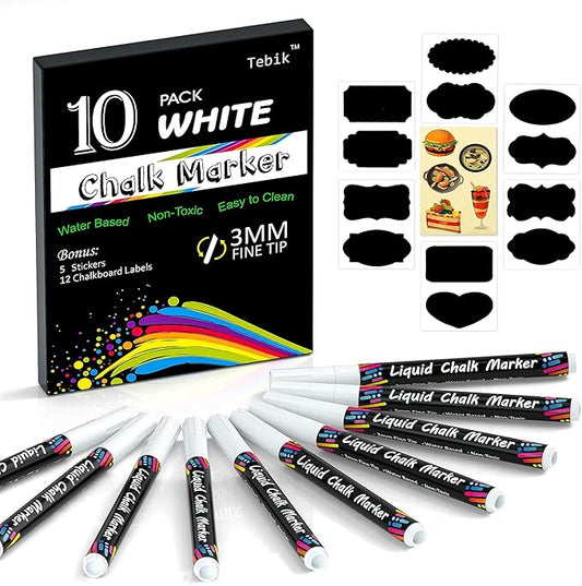 White Liquid Chalk Markers Set, Pack of 10 White Chalkboard Paint Pens with 12 Chalkboard Labels, 5 Stickers, Perfect for Chalkboards, Bistro Boards, Glass and Metal-DeskLoop Office