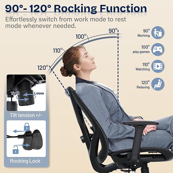 Ergonomic Office Chair, Mesh Computer Desk Chairs with Adjustable Lumbar Support, 3D Armrests, Tilt Function, Comfy Wide Seat, Swivel Executive Work Task Chair for Company and Home-DeskLoop Office