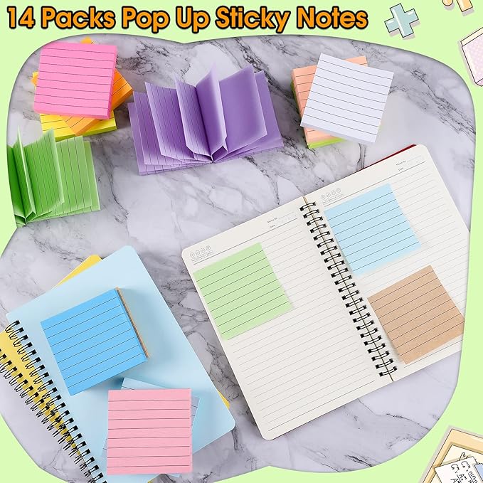 14 Pads Pop Up Sticky Notes,1400 Sheet Lined Sticky Notes 3x3 Inch,Self-Stick Notes Pads with Lines,Bright Multi Colors Easy Post Notes Pop up Refill for Office Study School Daily Life,100 Sheets/Pad-DeskLoop Office
