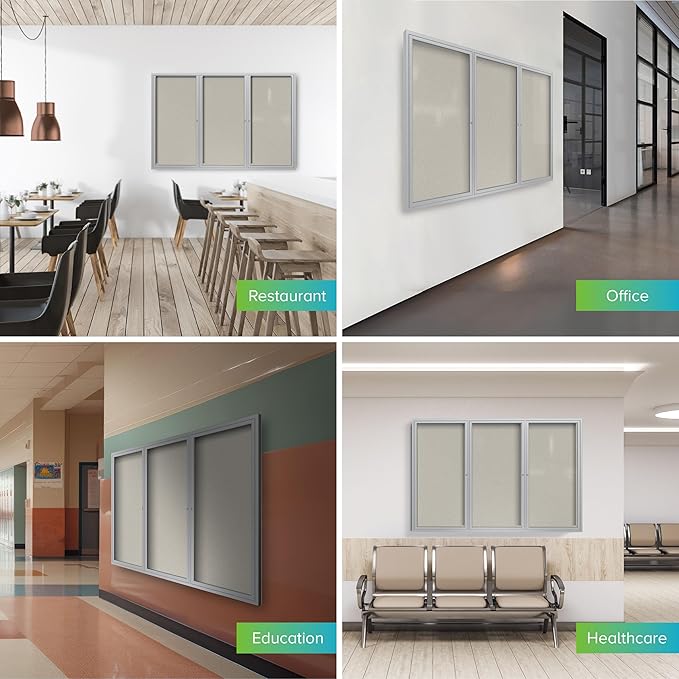 Ghent 48"x96" 3-Door Outdoor Enclosed Vinyl Bulletin Board, Shatter Resistant, with Lock, Satin Aluminum Frame - Ivory (PA34896VX-185), Made in the USA-DeskLoop Office