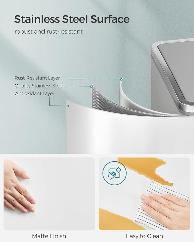 SONGMICS Trash Can, 2 x 8 Gallon (2 x 30 L) Garbage Can for Kitchen, with 15 Trash Bags, 2 Compartments, Plastic Inner Buckets and Hinged Lids, Airtight, White and Gray ULTB60WT-DeskLoop Office