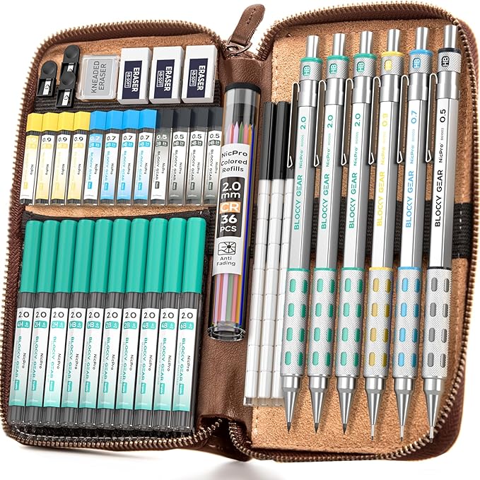 Nicpro Blocky Gear Metal Mechanical Pencil Set with Leather Case, 40PCS Art Drafting Pencil 0.5, 0.7, 0.9 & 2mm Lead Pencil with 352PCS (HB 2H 4H 2B 4B 6B Color) Lead Refills for Sketching Drawing-DeskLoop Office