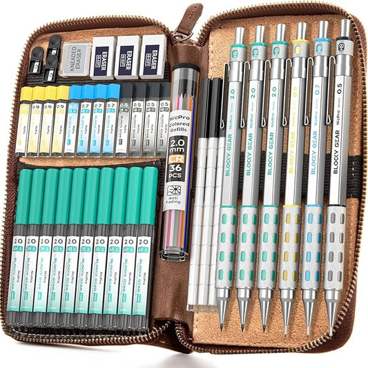 Nicpro Blocky Gear Metal Mechanical Pencil Set with Leather Case, 40PCS Art Drafting Pencil 0.5, 0.7, 0.9 & 2mm Lead Pencil with 352PCS (HB 2H 4H 2B 4B 6B Color) Lead Refills for Sketching Drawing-DeskLoop Office