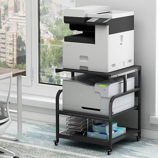 25.6" x 23.6" Extra Large Printer Stand Table with Adjustable Storage Shelf, 3 Tier Rolling Printer Cart with Industrial Wheels for Home Office, Black-DeskLoop Office
