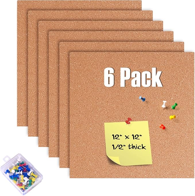 6 Pack Cork Bulletin Board 12 x 12 Inch - 1/2" Thick Cork Board Tiles,Self-Adhesive Frameless Cork Tiles Wall Decor with 50 PCS Pushpins for DIY, Office, School and Home Decor-DeskLoop Office