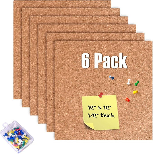 6 Pack Cork Bulletin Board 12 x 12 Inch - 1/2" Thick Cork Board Tiles,Self-Adhesive Frameless Cork Tiles Wall Decor with 50 PCS Pushpins for DIY, Office, School and Home Decor-DeskLoop Office