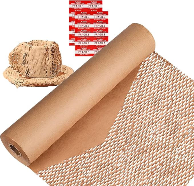Honeycomb Packing Paper,12" W x 100' L Packing Paper for Moving,Products & Gifts Honeycomb Wrapping Paper,Recyclable and Biodegradable Cushioning Packing Material with 10 Fragile Sticker Labels-DeskLoop Office