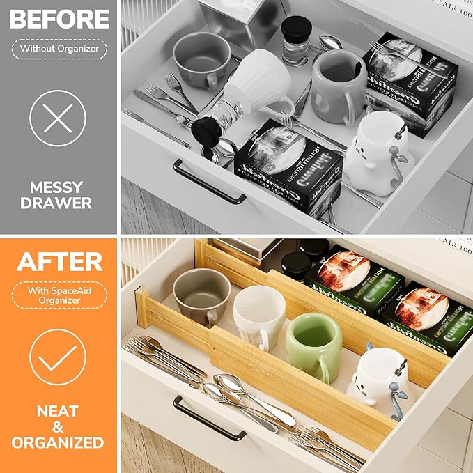 BAMEOS 4 pcs 3" High Bamboo Drawer Dividers Adjustable Drawer Organizer Expandable Drawer Organization Utensil Organizers for Kitchen Dresser Bathroom Bedroom and Office-DeskLoop Office