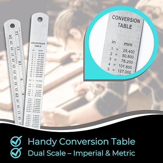 NOKKO Metal Ruler 12 Inch - Pack of 10 - Measuring Set of 12-Inch / 30 cm Stainless Steel Rulers with Imperial & Metric Measurements & Conversion Table - Metal Straight Edge Ruler for Cutting-DeskLoop Office