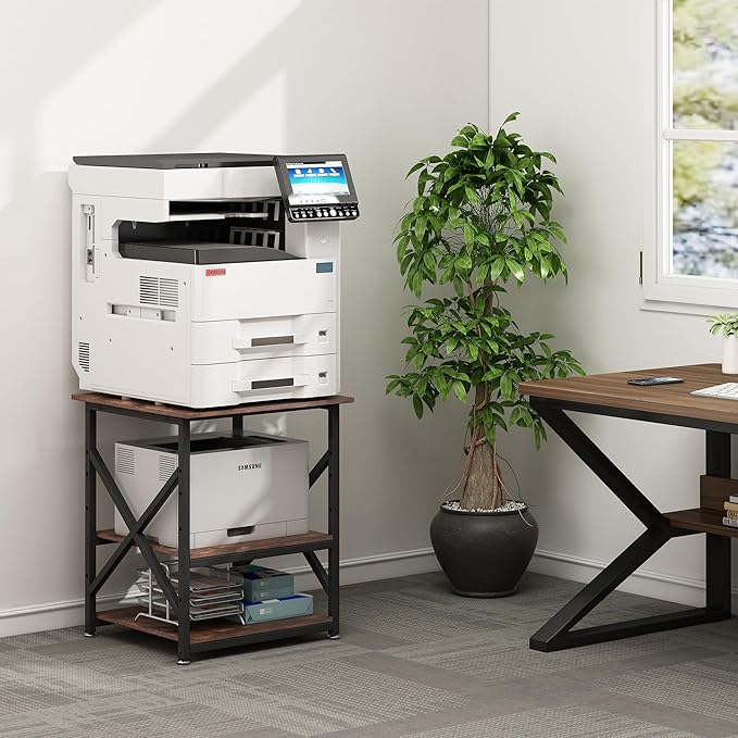 23.6 x 23.6 Inches Large Printer Stand, 3 Tier Square Printer Table with Height Adjustable Storage Shelf, Rolling Printer Cart with Industrial Wheels for Home Office - Rustic Brown-DeskLoop Office