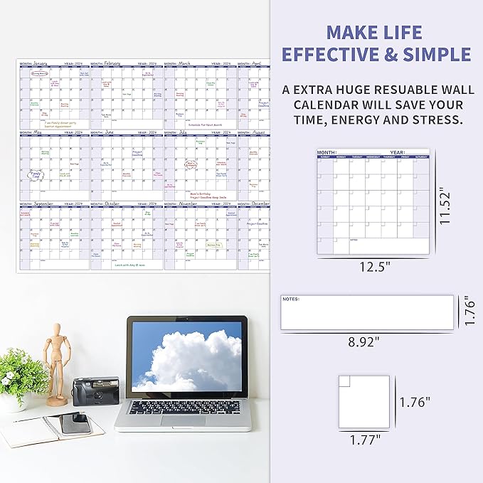Large Dry Erase Calendar ā Yearly Wall Calendar Dry Erase, 57.9" x 37", 12-Month Undated Calendar, Reusable Laminated with 15 Stickers - Purple