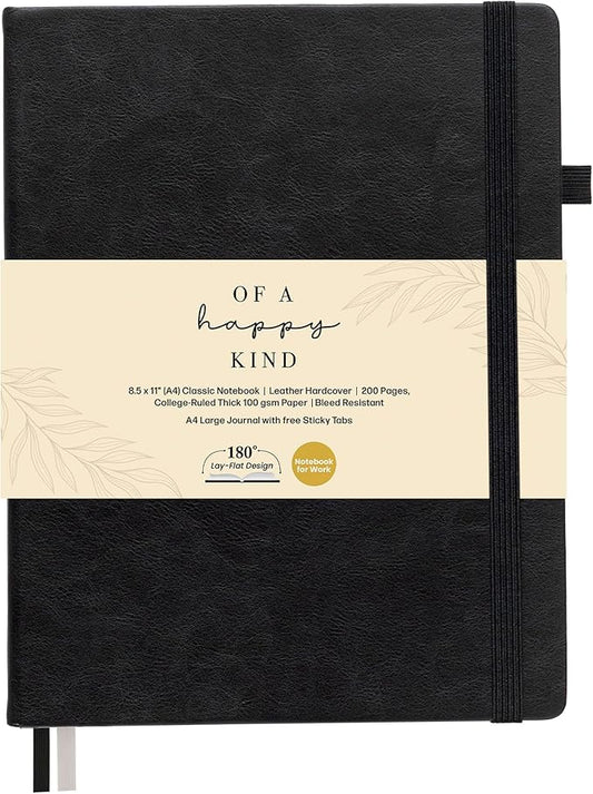 Classic Lined Journal Notebook 8.5x11" A4 Hardcover Leather - Black - 200 Pages College Ruled Large with Sticky Tabs, Pockets, and Pen Loop for Writing and Journaling - Big Hardback Men and Women-DeskLoop Office