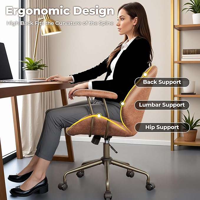 ovios Ergonomic Home Office Chair, Mid-Century Modern Faux Leather Chairs with Padded Armrests, Comfy Mid Back Swivel Rolling Executive Computer Armchair (Brown, Suede Leather)-DeskLoop Office