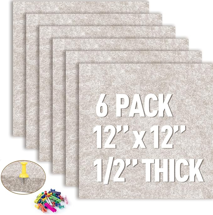 AKTOP Cork Bulletin Board 12x12, 1/2" Thick Felt Cork Board Tiles 6 Pack, Small Square Pin Board for Wall, Self Adhesive Corkboards with 60 Push Pin Wood Clips for School, Home & Office, Latte-DeskLoop Office