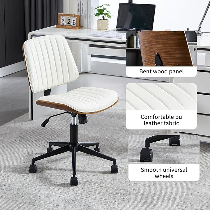 Small Home Office Chair - Armless Mid Back Desk Chair with 360° Swivel and Wheels, PU Upholstered Height Adjustable Modern Walnut Computer Chair for Home, Office Meeting Room - Black-DeskLoop Office
