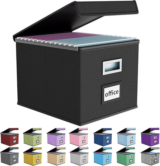Huolewa Upgraded Portable File Organizer Box, Large Linen Hanging Office Document Storage Box with Lid - Black, Collapsible Filing & Storage Boxes for Office/Decor/Home - 14.9 x 12.59 x 10.8 inch-DeskLoop Office