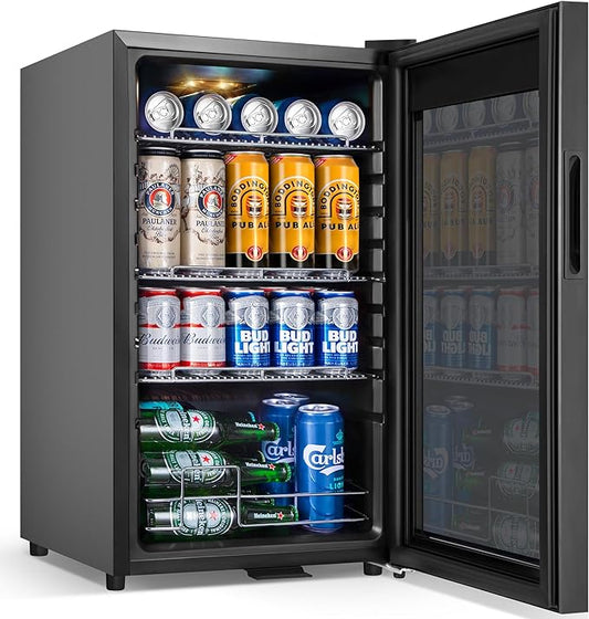 Beverage Refrigerator Cooler, 17 Inch 120 Cans Freestanding Mini Fridge with Glass Door, Adjustable Shelves and LED Light, Small Drink Fridge Counter-top Beer Fridge for Bedroom Office Bar-DeskLoop Office
