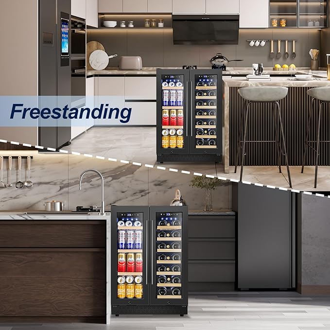 Wine and Beverage Refrigerator with Glass Door, 24-Inch Dual Zone Wine Fridge Under-Counter,4.6 Cu.Ft. 65 Cans and 20 Bottles Wine Cooler,Built-in or Freestanding Wine and Drink Fridge with Blue Light-DeskLoop Office