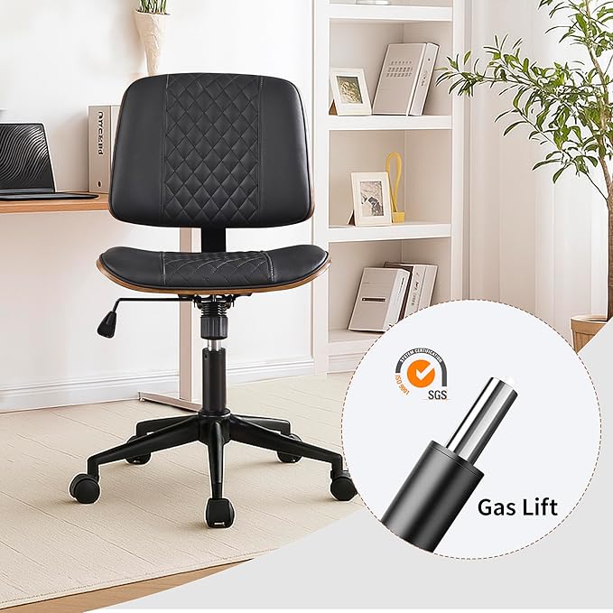 Modern Black Home Office Chair – Armless Mid-Back Desk Chair with PU Leather, Adjustable Height, Swivel Wheels, Walnut Wood Finish, Perfect for Small Spaces-DeskLoop Office