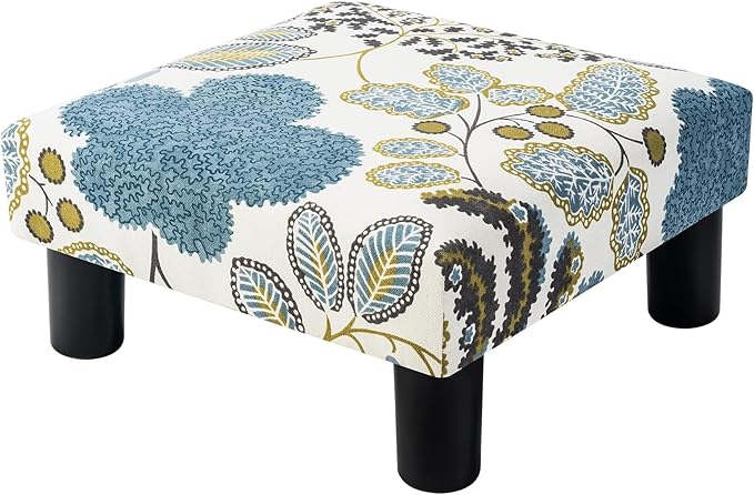 Joveco Small Foot Rest Stool Ottoman, Square Upholstered Fabric Footstool for Couch, Under Desk, Office, Living Room, Blue Floral-DeskLoop Office