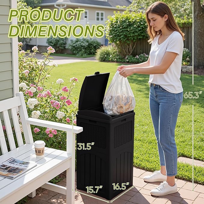 Greesum 33 Gallon Outdoor Trash Can with Lid, Waterproof Resin Garbage Bin for Hideaway, Deck, Patio, 3 Pack, Black-DeskLoop Office