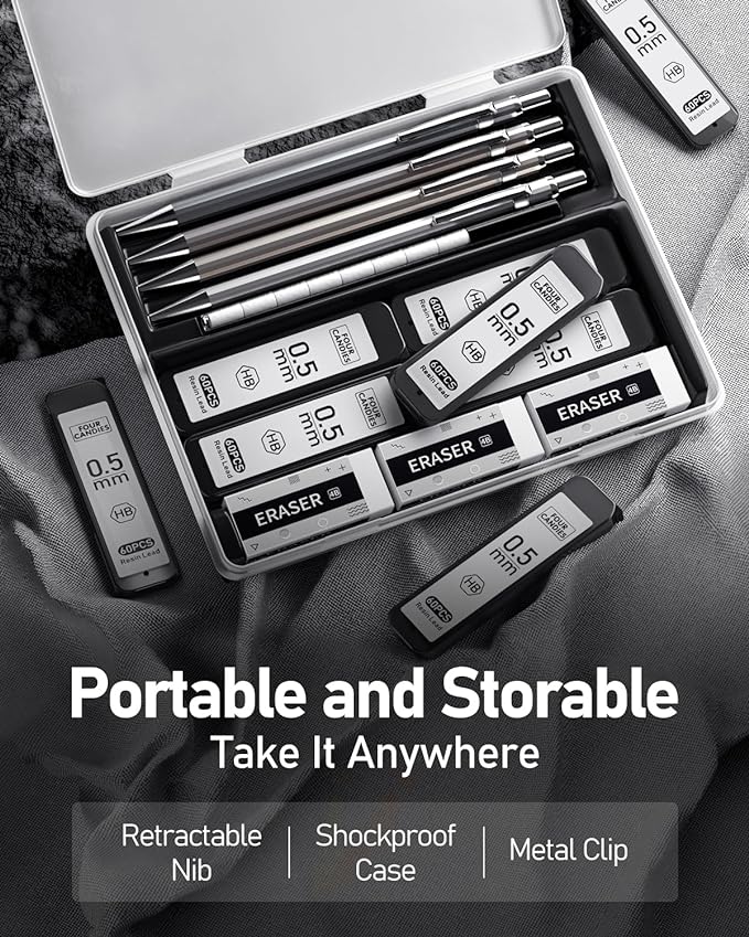 Four Candies 0.5mm Mechanical Pencil Set with Case - 4PCS Metal Mechanical Pencils, 8 Tubes HB #2 Lead Refills, 3PCS 4B Erasers and 9PCS Eraser Refills, Lead Mechanical Pencils for Writing & Drawing-DeskLoop Office