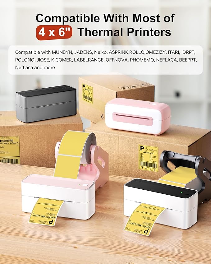 Phomemo 4x6 Thermal Label Printer Paper - 500 PCS Yellow 4"x6" Fan-Fold Shipping Supplies Labels - Water/Oilproof Label Stickers - Permanent Adhesive Thermal 4x6 Labels for Small Business-DeskLoop Office