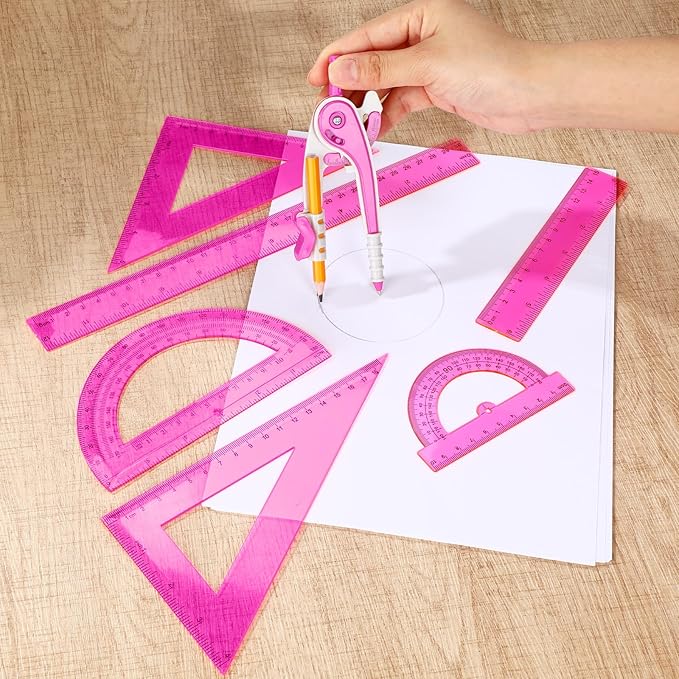 Zonon 1 Set Plastic Geometry Math Set 7 Pcs Includes 6'' / 4 '' Protractor, Drawing Compass, 45/60 Degree Triangle Rulers, 12'' / 6'' Math Ruler Transparent for Office Supplies(Pink)-DeskLoop Office