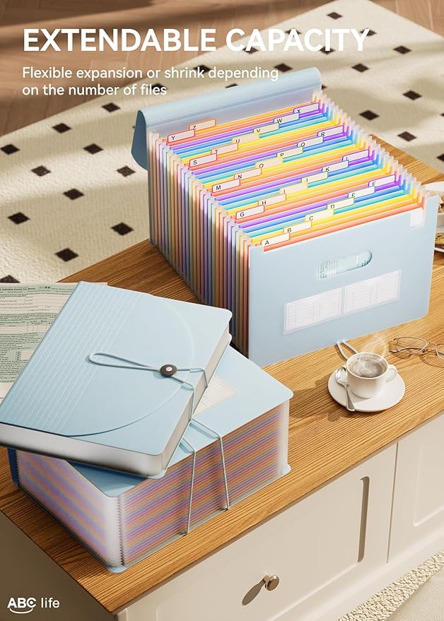 ABC life 26 Pockets Accordian File Organizer Expanding File Folders, Portable Letter A4 Size Filing Box,Plastic Monthly Receipt Document Organizer with Colored Tabs (Light Blue)-DeskLoop Office