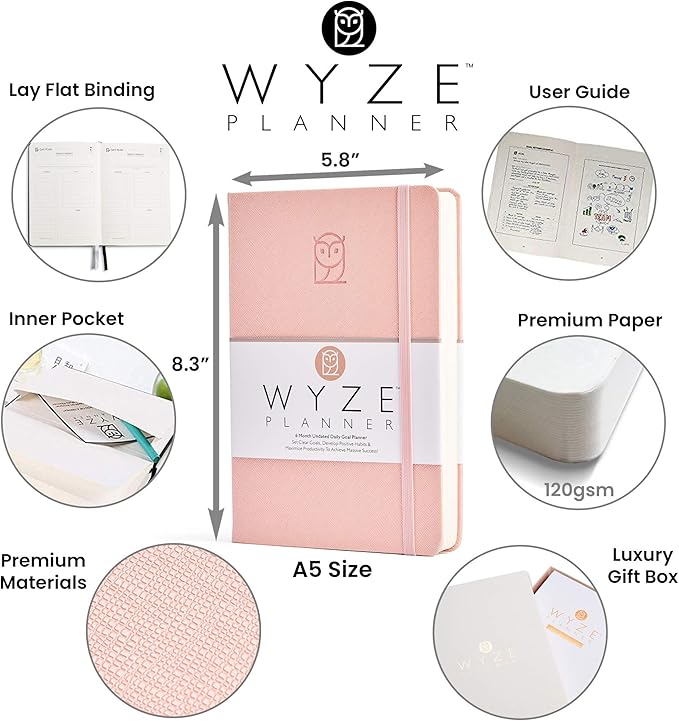 Undated Daily Planner – 6-Month A5 Productivity Organizer with Full Page Per Day, Hourly Schedule, Goal Setting, Habit Tracker, Weekly & Monthly Pages – Hardcover Time Management Notebook (Pink)-DeskLoop Office