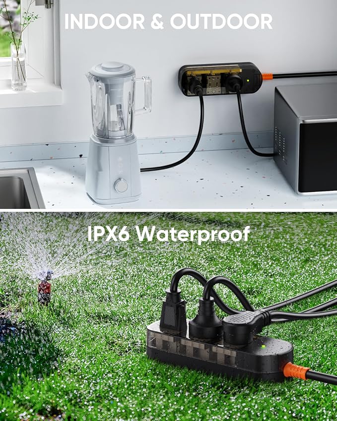 IPX6 Outdoor Power Strip Weatherproof, Surge Protector with 6FT Extension Cord 3 Outlets, Waterproof Power Strip 1875W Overload Protection for Kitchen Patio Christmas Lights, Clear Black-DeskLoop Office