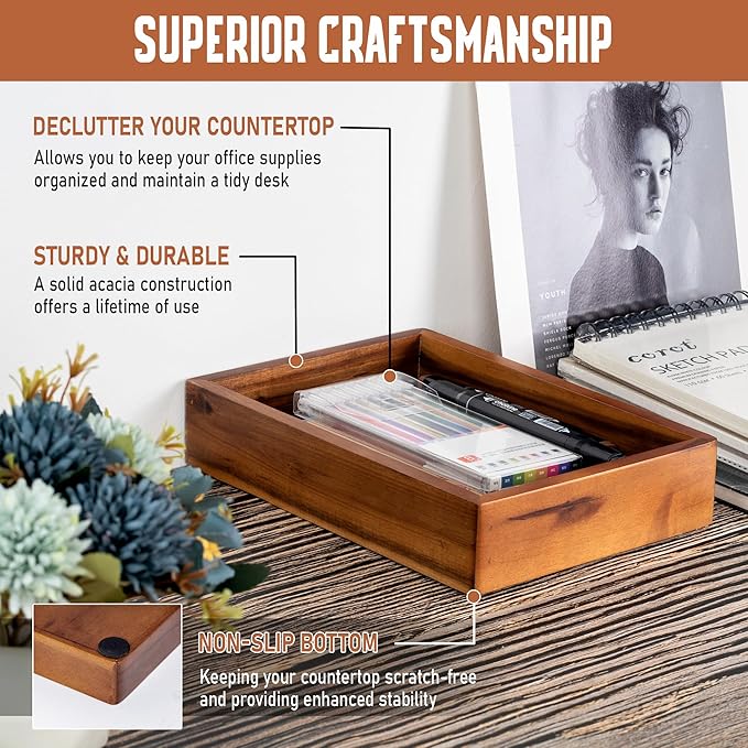 Demigo Acacia Wood Desk Organizer Tray - 9.5x6.7x2 Inch Letter & Stationery Holder for Office, Entryway, Desktop - Natural Wood Catchall for Pens, Mail, Keys-DeskLoop Office