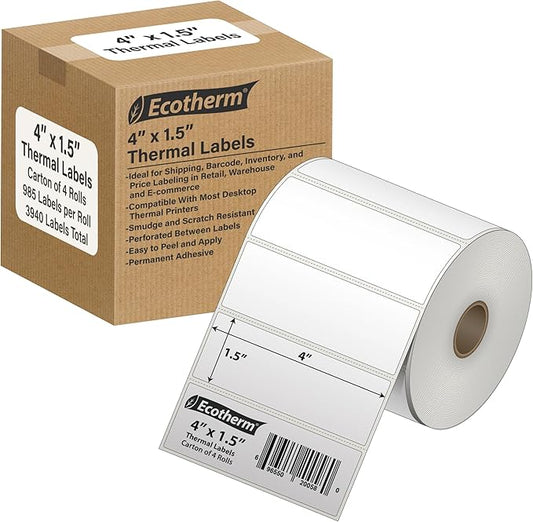 4" x 1.5" Thermal Labels | 4 Rolls | 3940 Labels | fits Zebra, Munbyn, Rollo, Godex, Arkscan, iDPRT, Offnova Thermal Label Printers and More | Blank White Adhesive Stickers by Ecotherm-DeskLoop Office