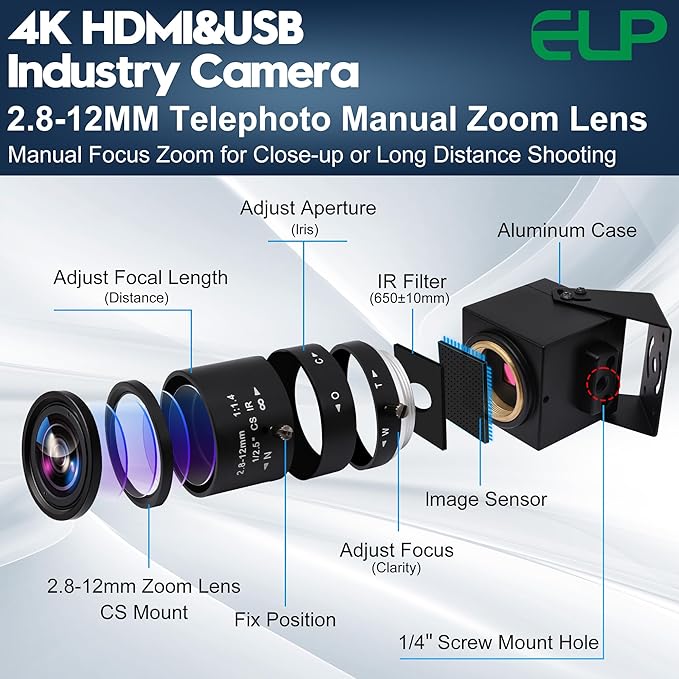 ELP 4K USB HDMI Camera Manual Zoom Webcam - Variable Focus H.264 Telescope USB Security Mini Close-up for Computer - 8mp IMX415 Industrial CCTV (2.8-12mm 4X Zoom Lens)-DeskLoop Office