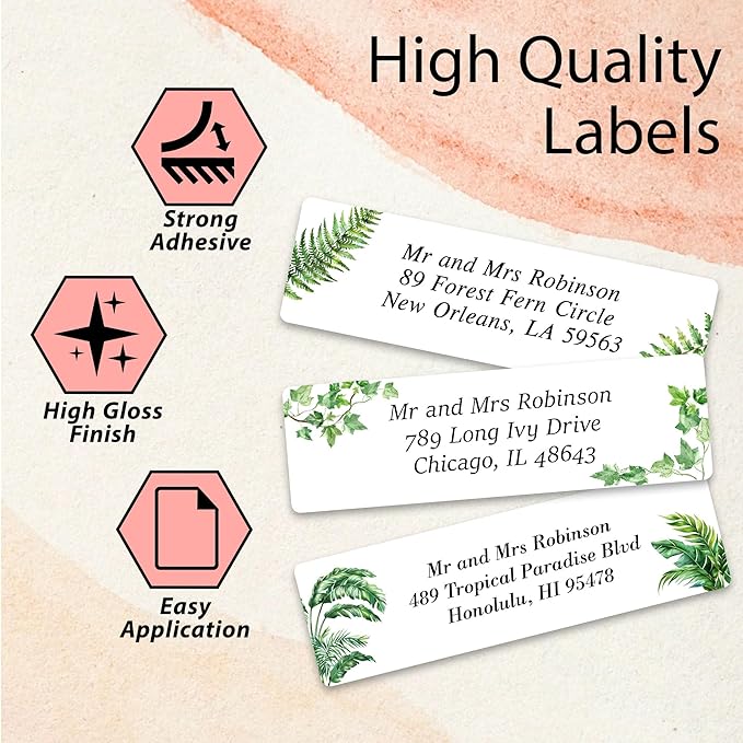 Personalized Return Address Labels Greenery - High Gloss Custom Mailing Labels on Sheets - Self-Adhesive Return Stickers for Envelopes with Crisp Printing Design (50-1000)-DeskLoop Office