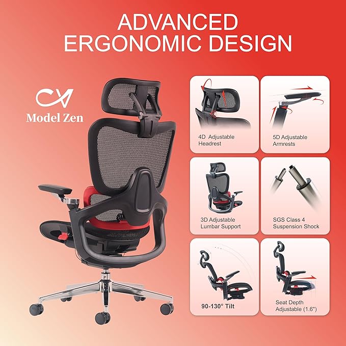 Ergonomic Office Chair, Big and Tall Mesh Computer Gaming Chair with Adaptive Lumbar Support, Work Chair with Headrest, 5D Armrest,90-130°Tilt, BIFMA Certified, Model Zen (Red)-DeskLoop Office