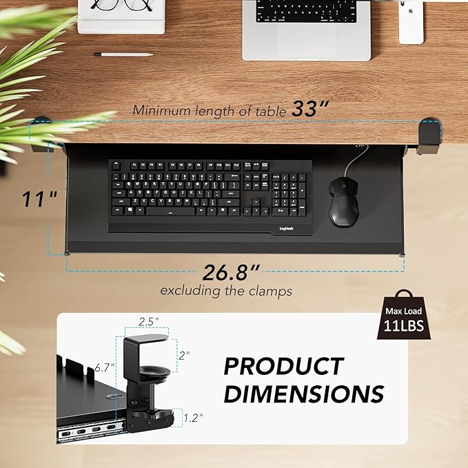 Keyboard Tray Under Desk Pull Out with Extra Sturdy C Clamp Mount System, 27.3 (32.5 inch Including Clamps) x 11 Inch Slide-Out Platform Computer Drawer for Typing Black AX01WB01-DeskLoop Office