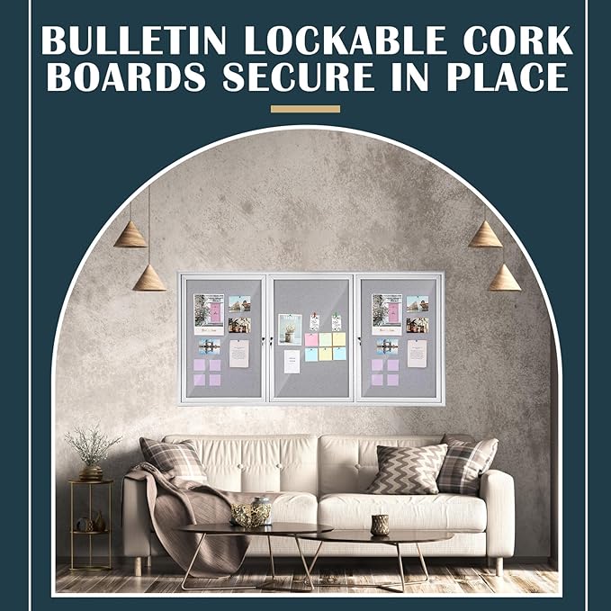 72" x 36" Enclosed Bulletin Board Outdoor 3 Door Weatherproof Tamper-Proof Enclosed Cork Board with Lock Aluminum Frame Display Case for Back to School, Office Commercial, 18xA4(Gray)-DeskLoop Office